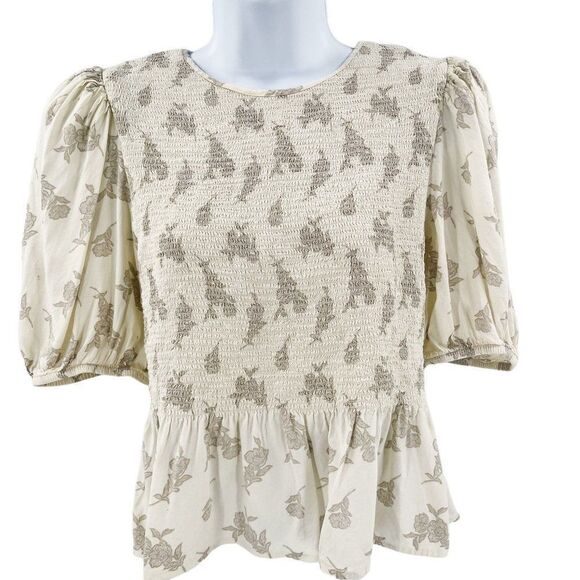 2/$30 Express Floral Linen Blend Smocked Puff Sleeve Sleeve Top Blouse Shirt - Picture 8 of 13